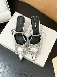 Xin Jing Shoes 女款優雅尖頭水鑽扣露趾涼鞋,性感時尚通勤與派對中跟涼鞋 - 銀色 - 查看 10