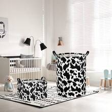 1pc Black & White Cow Print Storage Basket, Foldable Rectangular And Round Fabric Storage Box With Handle, Suitable For Home And Farmhouse Decor - Black and White - View 5