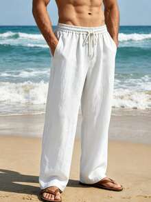 Men's Loose Linen Casual Pants, Elastic Waist Drawstring High Waist Straight Leg Trousers, Suitable For Beach, Vacation, Versatile - White - View 4