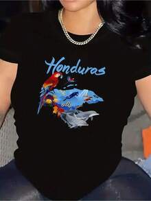 Women's Vibrant Honduras Graphic T-Shirt - Casual Activewear, 100% Woven - All-Season Crew Neck T-Shirt With Colorful Parrot And Dolphin Design - Ideal For Travel, Beach Vacation - 黑色 - 查看 11