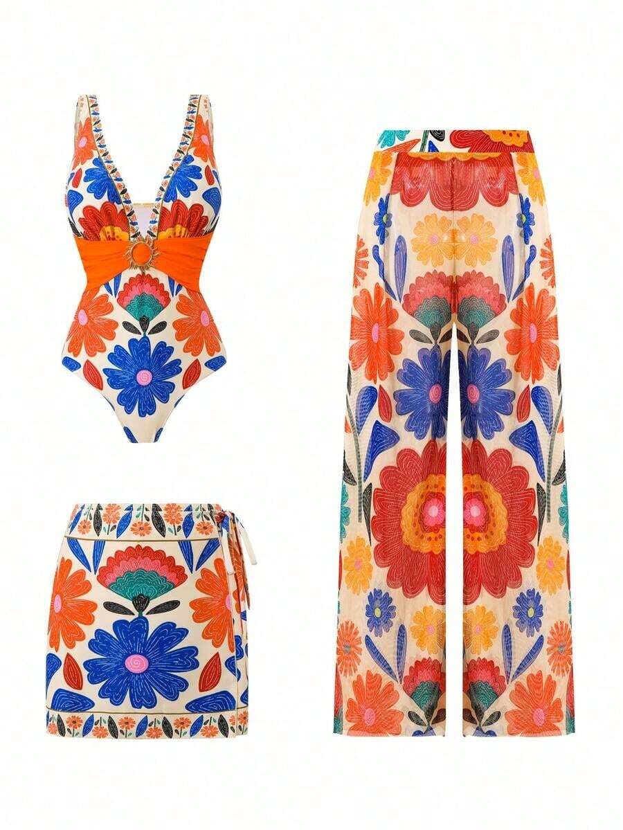 Swim Oasis Conjunto de traje de baño de una pieza 2025 con estampado, falda y pantalones de malla para mujer, conjunto de traje de baño informal para playa y vacaciones de verano - Multicolor 4 - Ver 1