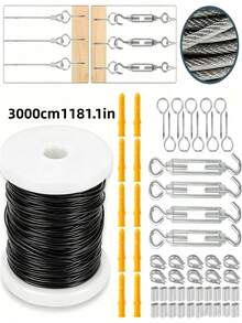 Black-Coated Steel Cable, Light String Hanging Kit. Black-Coated Cable, Steel Wire Rope, Suitable For Pull-Up Training, Easy Installation, Durable Steel Cable. Suitable For Outdoor Light Guides, Clotheslines, String Lights, And - Black - View 10