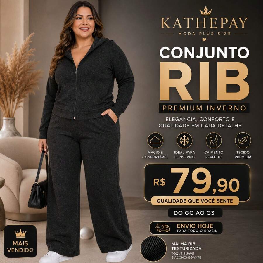 Women's Plus Size Winter Set In Premium Ribbed Knit With Hood And Zipper - Casual, Elegant And Comfortable - Black - View 1