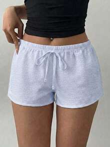 Quần short nữ mùa hè in sọc, buộc dây, kiểu dáng tối giản, phong cách Y2K Sunshine Girl. - Màu xanh nhạt - Xem 6