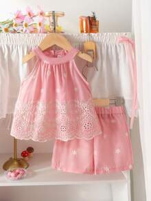2pcs Baby Girls Cute Embroidered Hollow Design Halter Vest & Elastic Waist Shorts Set, Snowflake Embroidery Pattern, Suitable For Beach Holiday In Summer - Pink - View 3