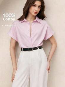 Camisa casual de mujer de unicolor con bordado, estilo retro de los 90, patrón de bordado de caballo, puños vueltos, atuendo básico diario, camisa casual de primavera/verano, adecuada para vacaciones de mujer, ocio de verano, brunch en la playa, salidas, citas, viajes al trabajo, negocios, ocasiones sociales - Rosa 2 - Ver 2