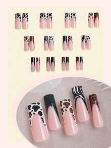 24pcs French Manicure Nail Stickers, Rectangular, Colorful Leopard Print & Zebra Pattern Design, Glossy Finish, Removable, Retro Minimalist Style, Full Coverage Fake Nails, Suitable For Women & Girls Daily Wear, Versatile For Autumn Nail Supplies - Multicolor - View 2