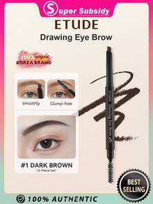 ETUDE Drawing Eye Brow 01 深棕色 兩入組 三角精準筆尖，打造自然毛髮感線條，防暈染防水，長效持妝粉質觸感，可疊加顯色，適合打造清晰柔和眉毛，韓國彩妝，節日 K-Beauty 禮物，0.25g - 01*2 - 查看 2