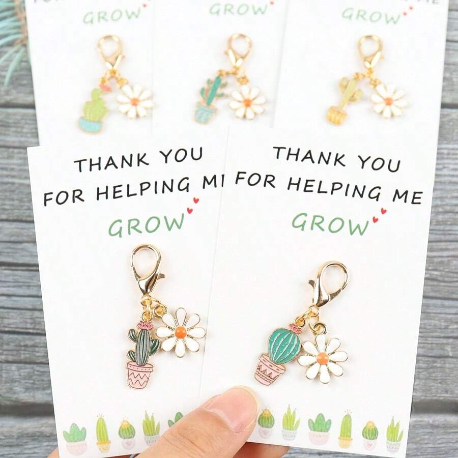 5pcs/10pcs Cactus & White Flower Keychains, Paired With A Card That Says Thank You For Helping Me Grow, Making It An Ideal Gift For Teachers, Coaches, Mentors, Parents, And Friends. Perfect Additions And Gifts - Multicolor - View 1