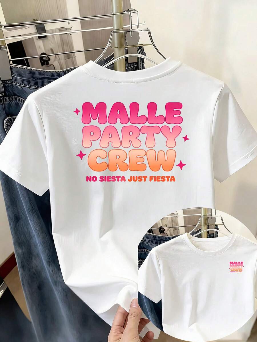 Women's Short-Sleeved T-Shirt With A Crew Neck And MALLE PARTY CREW Letter Print, Made Of 100% Cotton, With A Double Print On The Chest And Back. Casual And Comfortable Fabric, Suitable For All Seasons; Can Be Worn As A Base Layer In Spring And Autumn Or On Its Own In Summer. Neutral Style, Heavyweight Cotton City Boy Style T-Shirt. - 白色 - 查看 1