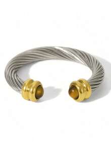 1pc 18K Gold Plated Stainless Steel Natural Stone Decor Open Ring, Suitable For Women's Daily And Party Wear, Gift - Gold - View 14
