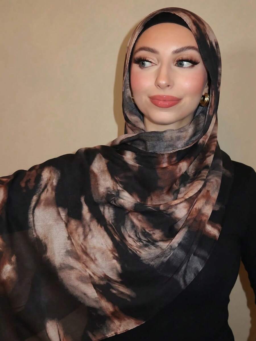 1 buah Syal/Selendang Wanita Gaya Bohemian Motif Marmer Cat Air dan Gelombang Air, Cocok untuk Pemakaian Sehari-hari - Coffee Brown - View 1