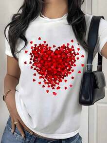Short-Sleeved T-Shirt With Red Heart Print, Black T-Shirt With Love Print For Valentine's Day, Casual Top With A Romantic And Cute Aesthetic Touch. - 白色 - 查看 7