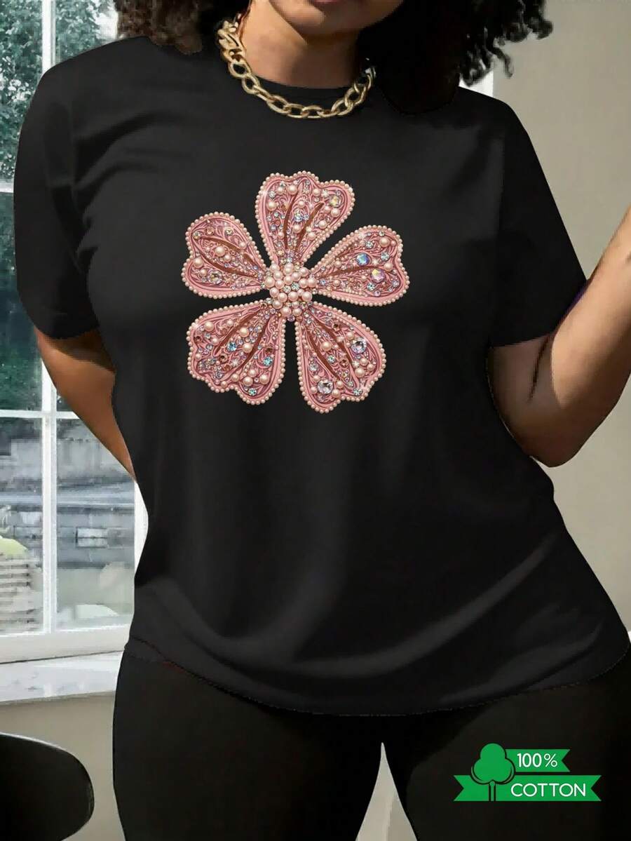 1 Women's T-Shirt With Round Neck, Letter And Anime Print, Simple Design, Comfortable And Breathable, Versatile For Daily Wear, Suitable For Sports And Leisure, Refreshing For Summer, A Must-Have For Parties, Local Shipping, Five-Petal Flower With Pearls, 180g, 100% Cotton. - 黑色 - 查看 1