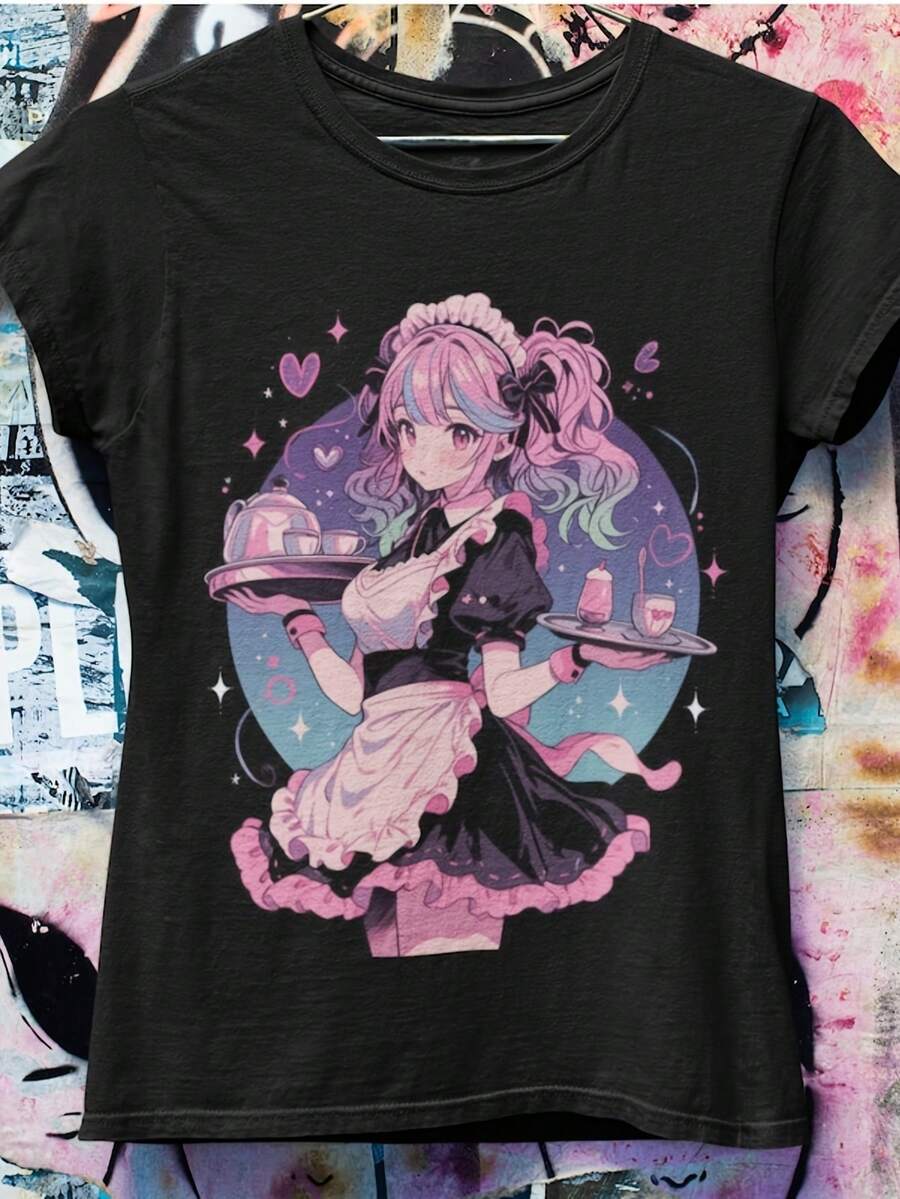 Pastel Goth Maid Anime Girl Shirt, Japanese Harajuku Streetwear, Grunge Aesthetic, Cute Anime Girl Shirts! Breathable Short-Sleeved Shirts For Men And Women, Perfect For Summer. Anime-Style T-Shirts. Sizes S To 3XL. Loose And Comfortable. - 後退 - 查看 1