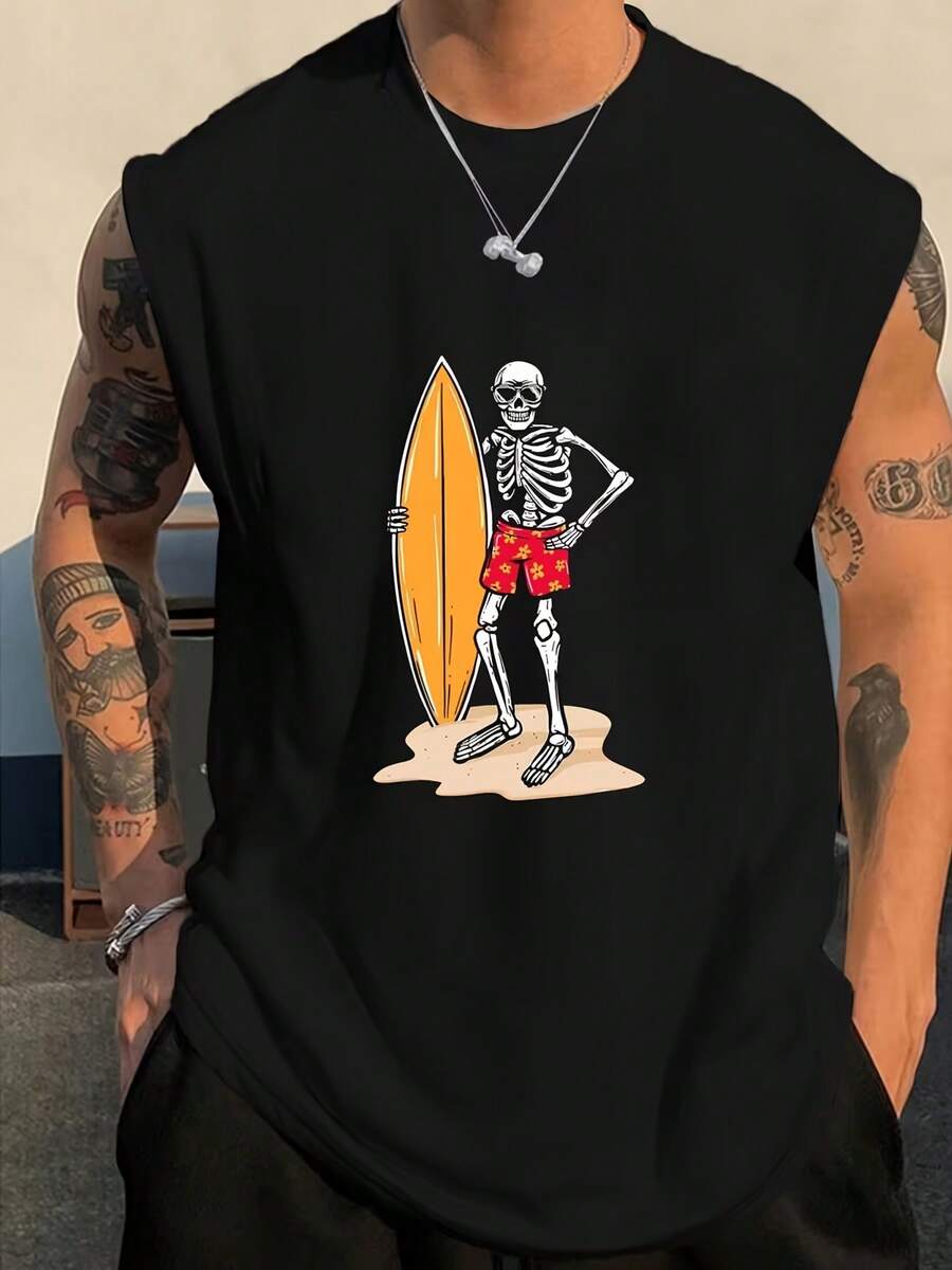 Chaleco sin mangas para hombre con estampado de surf, ideal para gimnasio y verano - Negro - Ver 1
