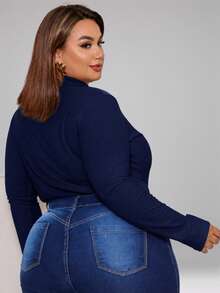 Women's Plus Size Long Sleeve Turtleneck Blouse, Ribbed Knit, Winter Sweater - Azul Marino - Ver 4