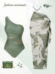 Swim Oasis Nuevo traje de baño de mujer 2026SS para vacaciones, citas, estilo occidental, cruceros, playa, isla, viajes por carretera, todas las estaciones, festivales de música, vacaciones bohemias, vacaciones bohemias, otoño relajado bohemio Y2K, elegante y vintage, traje de baño casual de una pieza con estampado floral, bata y falda, traje de baño marrón de una pieza para mujeres, traje de baño con bata para playa, atuendos de vacaciones para mujeres, moda traje de baño marrón, traje de baño de un hombro, traje de baño de malla transparente, biquini con bata, traje de baño de una pieza con bata para mujeres, trajes de baño marrones, atuendos de vacaciones para mujeres, atuendos de playa para mujeres - Verde - Ver 1