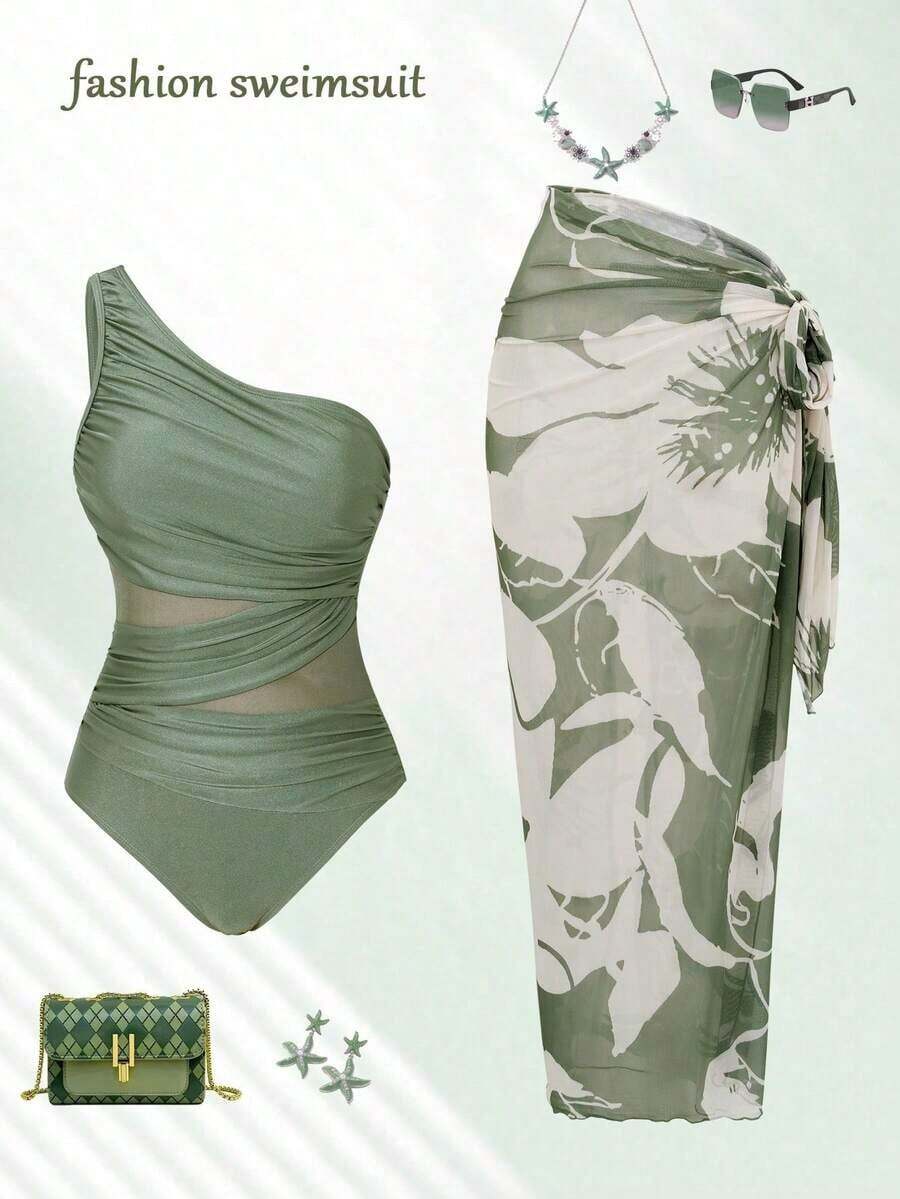 Swim Oasis Nuevo traje de baño de mujer 2026SS para vacaciones, citas, estilo occidental, cruceros, playa, isla, viajes por carretera, todas las estaciones, festivales de música, vacaciones bohemias, vacaciones bohemias, otoño relajado bohemio Y2K, elegante y vintage, traje de baño casual de una pieza con estampado floral, bata y falda, traje de baño marrón de una pieza para mujeres, traje de baño con bata para playa, atuendos de vacaciones para mujeres, moda traje de baño marrón, traje de baño de un hombro, traje de baño de malla transparente, biquini con bata, traje de baño de una pieza con bata para mujeres, trajes de baño marrones, atuendos de vacaciones para mujeres, atuendos de playa para mujeres - Verde - Ver 1