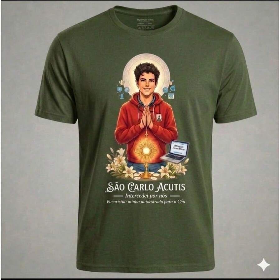 Saint Charles Acutis T-Shirt With Print On Premium Cotton. - xanh quân đội - Xem 1