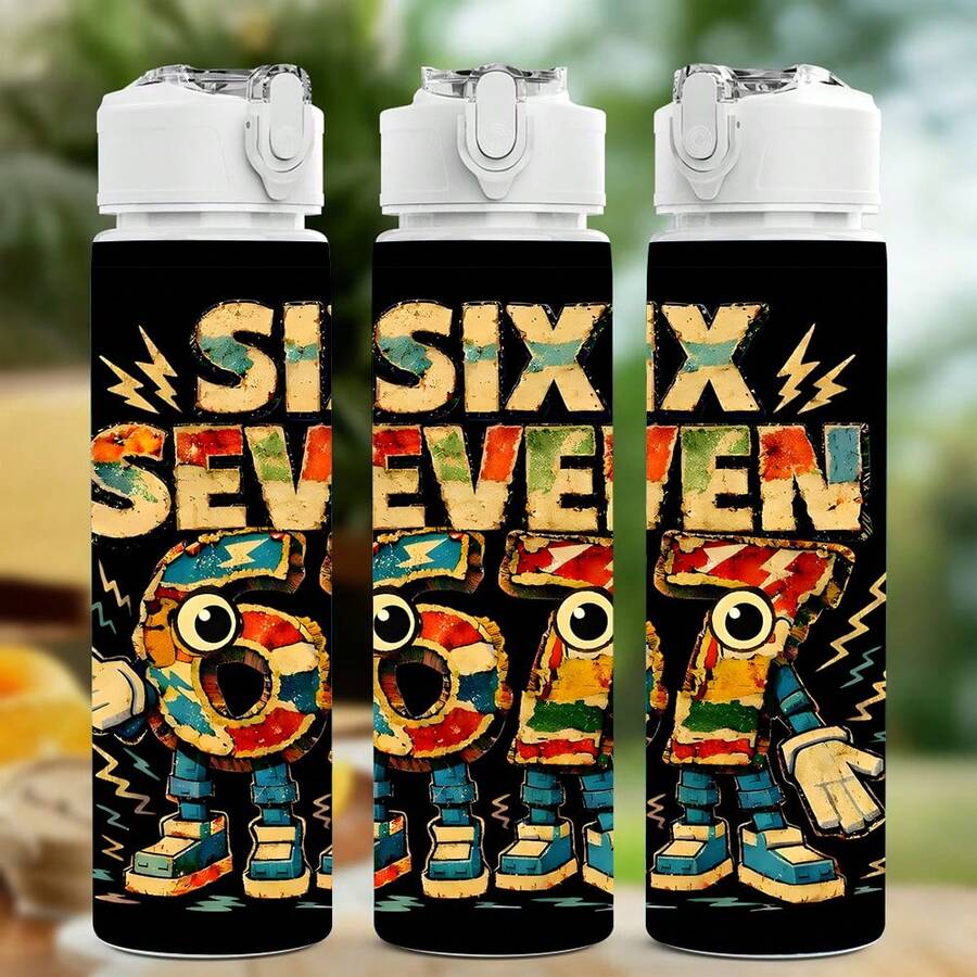 1/5件 25盎司吸管水壺,復古做舊卡通機器人「Six Seven」數字印花,防漏可重複使用塑料飲水瓶,保溫便攜運動水壺,適用健身房、徒步、露營、旅行與日常使用,理想的7歲生日禮物 - 67-2 - 查看 1