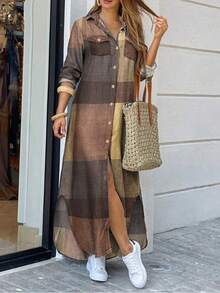 Women's Loose-Fitting Printed Shirt Dress With Long Sleeves - Màu Khaki - Xem 2