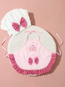 嬰兒粉紅色刺繡主廚攝影服裝 小主廚套裝 白色主廚帽圍裙組 中性嬰兒拍照道具 - 玫紅波點 - 查看 9