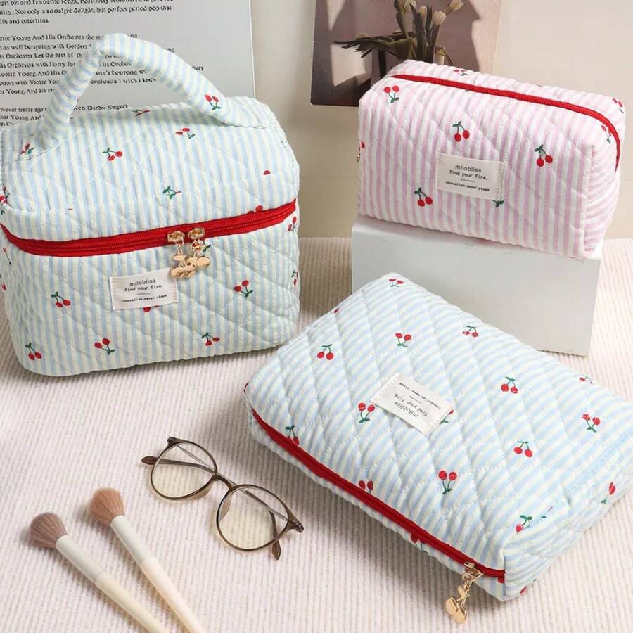 Bolsa de cosméticos acolchada con estampado de cerezas rojas, estilo coreano, a rayas tricolor, versátil y sencilla, para guardar objetos, para viajes. - Bolso octogonal rosa - Ver 1