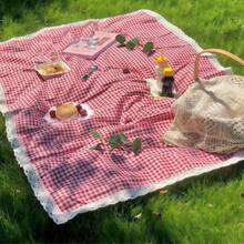 1pc Picnic & Outdoor Portable Mat, Linen Fabric, Checkered Pattern, Lace Trim Design, Suitable For Picnic, Camping, Photography, Spring Outdoor Picnic Mat, Beach Blanket, Camping Tablecloth, Machine Washable, Oversized - Multicolor - View 13