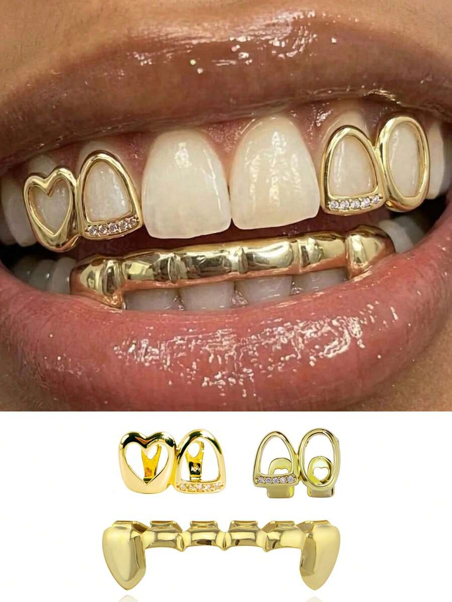 1 Set Hollow Heart-Shaped Stone Teeth Jewelry Set, Unisex Casual Accessories - Gold - View 1