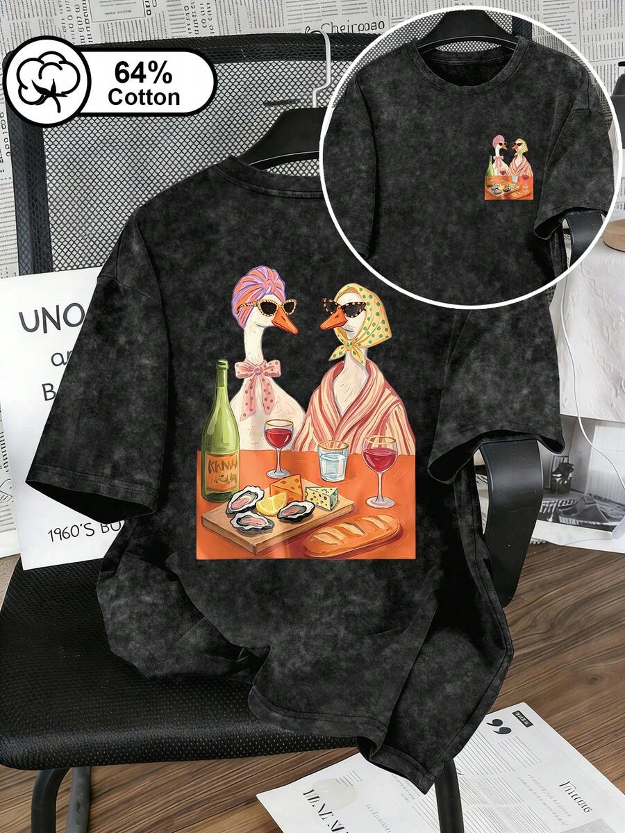 大尺碼女款休閒日常趣味鴨子紅酒之夜圓點雙面印花復古水洗短袖T恤夏季上衣黑色 - 黑色 - 查看 1
