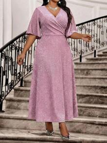 Fleurora Vestido largo de manga larga con cuello solapa cruzado, volantes y abertura, elegante para fiestas, bodas, San Valentín, cócteles, conciertos y festivales de música, talla grande, para primavera, verano y otoño - Rosa - Ver 7