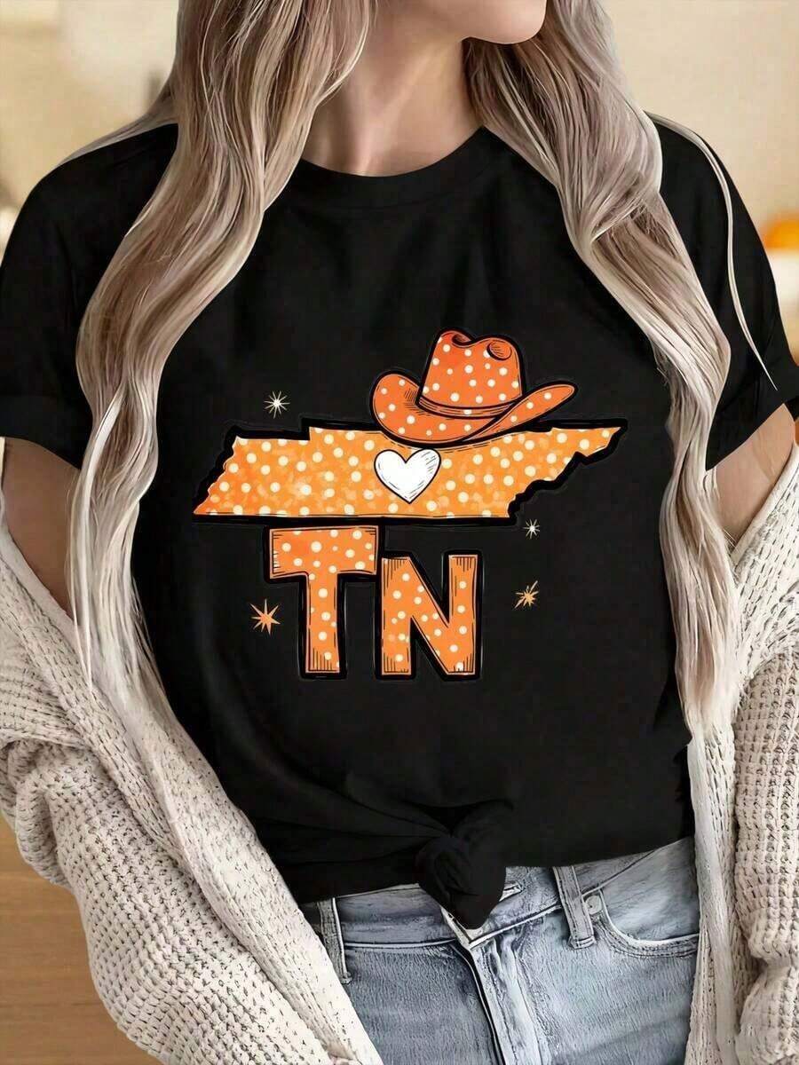 1 Piece Of Women's And Men's Crew Neck Short Sleeve T-Shirt With A Tennessee State Map Design, Cowgirl Hat, Polka Dot Print, Country Western Style, Orange Design With Heart Detail. Fun Prints Suitable For Christmas Parties, Sporting Activities, Holiday Parties, Outings, Sports, And Other Holiday Gifts. 180g - 黑色 - 查看 1