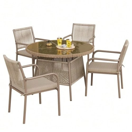 Modern Rattan Garden Furniture Set, Including A Round Glass Table And Four Armchairs, With An Iron Frame. Ideal For A Terrace, Balcony Or Patio. - 棕色 - 查看 1