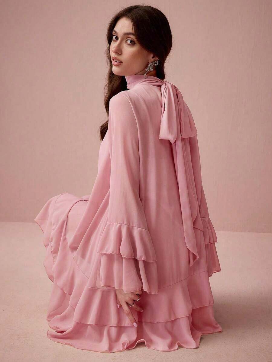 Vestido línea A de unicolor elegante con mangas volantes para mujeres - Rosa - Ver 1