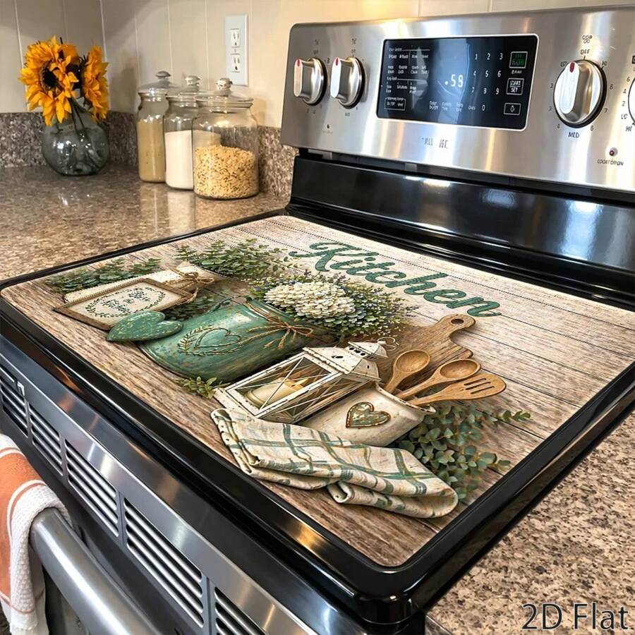 1pc Rustic Green Plant Flower Kitchen Protective Mat, Easy To Clean ,Non-Slip, Universal For Stove Panel/Gas Stove/Induction Cooker/Oven/Washing Machine/Dryer,Travel Essentials,Kitchen Essentials - Xem 1