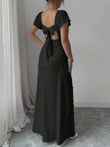 Vestido largo elegante y delgado de unicolor con espalda descubierta, lazo y mangas de loto con abertura alta, para vacaciones y citas en primavera/verano - Albaricoque - Ver 10