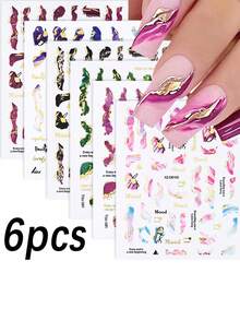 3/4/6Pcs 3D Marble Wave Line Nail Stickers Metallic Stripe Abstract Geometric Nail Art Decals Self Adhesive Slider Gold Foil Multiple Striped Design Nail Decoration Sticker For Women Girls Home & Salon Use - Multicolor - View 14