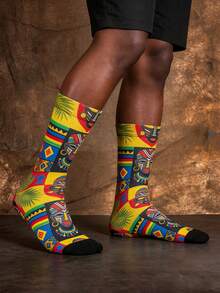 1/3 Pairs African Mid-Calf Socks, African Traditional Mask Design, Men Novelty Socks, Summer Outfit - Multicolor - View 2