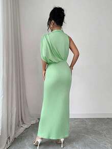 Vestido ajustado y acampanado sin mangas con cuello fruncido en color borgoña, para primavera/verano - Verde - Ver 2