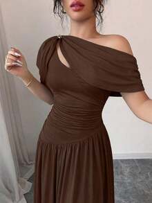 abyoxi Vestido ajustado y acampanado con pliegues en la cintura en color marrón, elegante y de moda, adecuado para fiestas, citas, vacaciones, bodas, ocasiones formales, banquetes, Día del Maestro, Día de la Madre, ceremonias de graduación, vestido largo elástico y ajustado para primavera y verano - Marrón - Ver 10