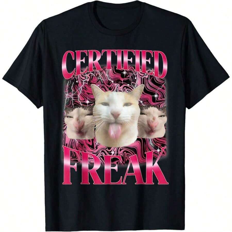 100% Cotton Certified Freak Eat Cement Cursed Cat Funny Cat Meme T-Shirt - Black - View 1
