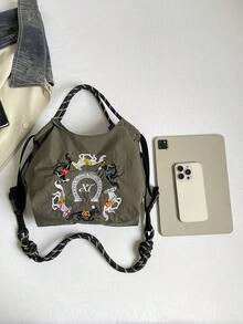1pc Equestrian Embroidery + Knotted Strap Design Lightweight Nylon Tote Bag, Spacious, Versatile, Detachable Strap, Suitable For All Seasons - Multicolor - View 5