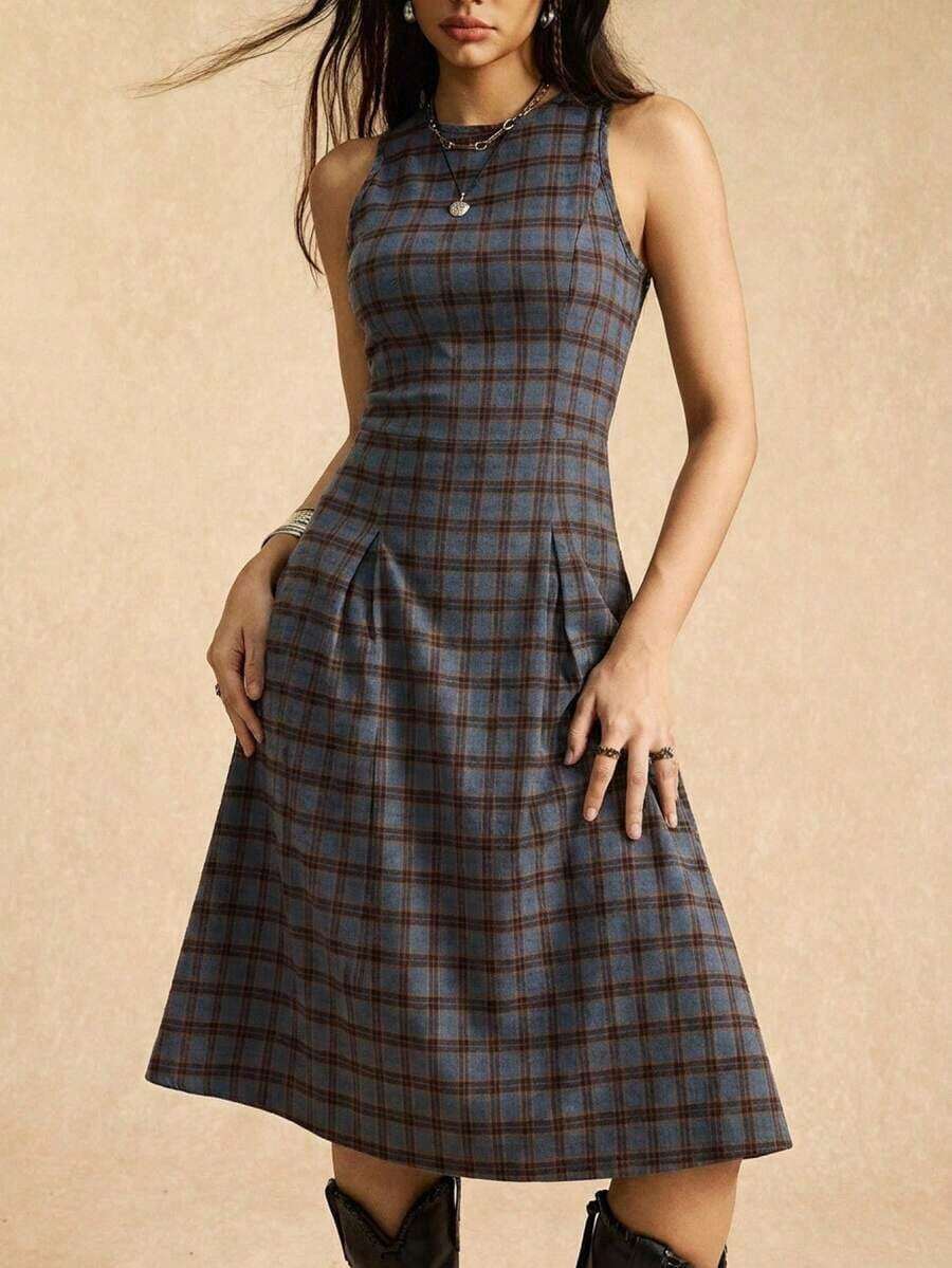 AYYEaselle Vestido de cuadros sin mangas con recogido en la cintura y silueta evasé para mujer, vestido de cuadros a media pierna, vestido de cuadros para mujer, vestidos de estilo francés para mujer, vestidos para mujer ElenzgaAYY - Multicolor - Ver 1