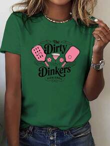 Women's T-Shirts: Pickleball Martini The Dirty Dinkers Logo Print T-Shirt - Short Sleeve, Round Neck, Casual Style, Suitable For Summer And Spring, Clothing For Pickleball Fans, Casual Wear, Loose And Comfortable Fit, Summer T-Shirts. - 白色 - 查看 6
