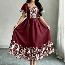 . .  Vestido de manga corta con cuello cuadrado y estampado floral, falda de longitud media con cintura ceñida, vestido rojo vino con estampado floral - Multicolor - Ver 5