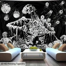 黑白三骷髅桃色天鹅绒挂毯，哥特式蜘蛛图案卧室墙饰 - 黑與白 - 查看 10