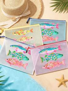 防水海灘化妝包，可愛魚類圖案，彩色網格化妝包，大容量便攜化妝收納包，透氣海灘盥洗包，夏季熱帶風旅行收納包，多功能盥洗包，適用於游泳、度假、大學宿舍、浴室、化妝品、護膚品、配件、文具、海灘用品，可愛學院風，獨特教師節禮物、生日禮物、節日禮物、派對禮物、度假禮物、婚禮禮物、開學禮物 - 彩色 - 查看 3