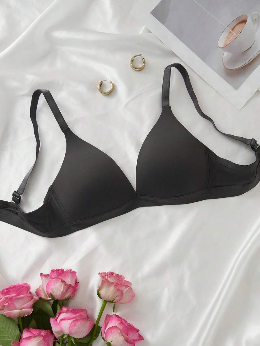 1pc Women's V-Neck Comfortable Wireless Soft Cup Solid Color Bra - Dark Grey - View 1