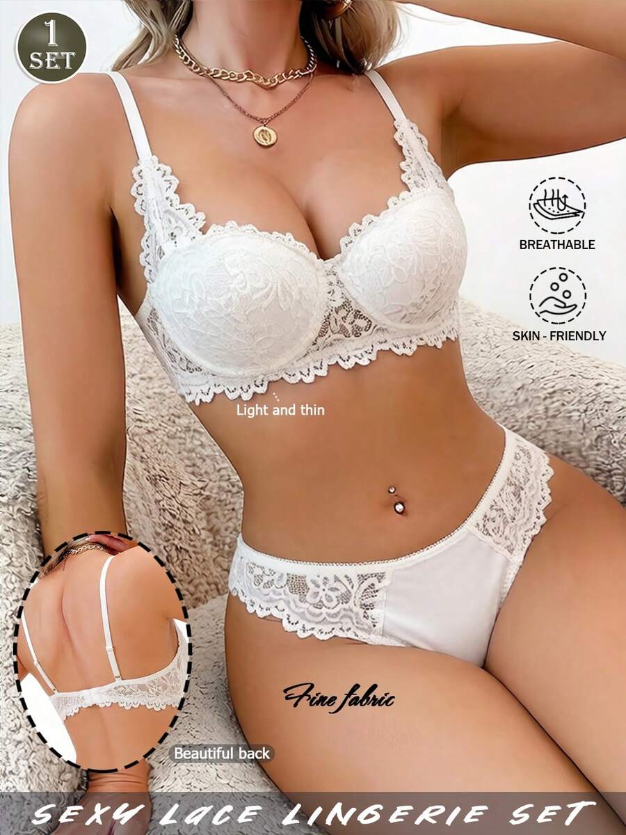 1 Bộ đồ lót nữ màu trắng gợi cảm, bộ áo ngực ren thanh lịch, thoáng khí, không bị chảy xệ, bộ áo ngực thoải mái.
